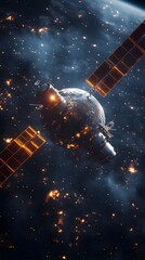 Damaged Satellite Orbiting Burning Planet Futuristic Spacecraft Disaster Scene