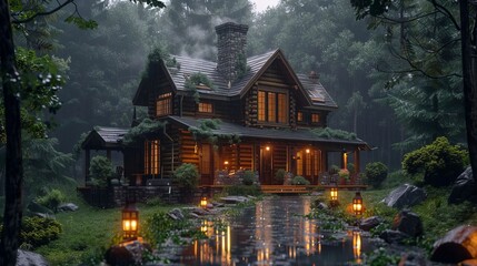 Fototapeta premium Enchanting Log Cabin in Rainy Forest Cozy Evening Ambiance Illuminated Pathway