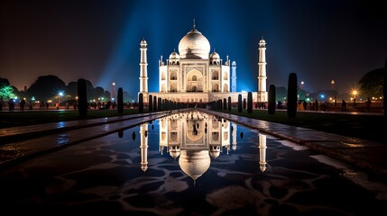Naklejka premium Majestic Taj Mahal at Night Illuminated Reflection in Still Water India