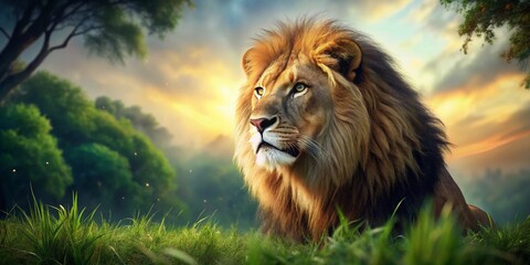 Naklejka premium Majestic Lion Surveying Savannah: Green Landscape Wildlife Stock Photo