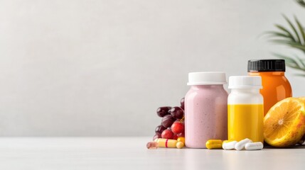 professional flat lay of colorful protein shakes fresh fruit and supplement bottles on clean table