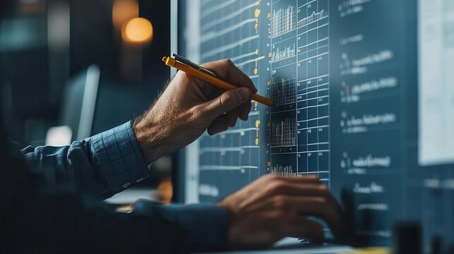 Business professional marking deadlines on a large calendar, project scheduling and deadline awareness