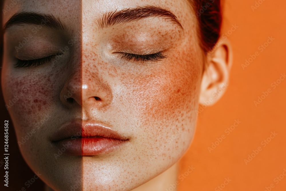 Poster split face comparison illustrating acne and redness versus smooth glowing skin highlighting skincare