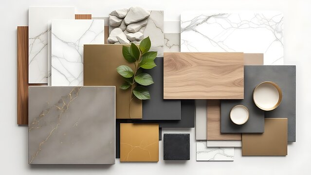 A material mood board for kitchen, neutral colors