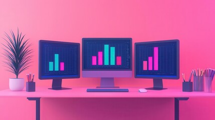 Fototapeta premium Digital workspace with AIpowered project management software on multiple screens, futuristic efficiency