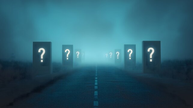 Foggy road leads to glowing doors inviting mystery and exploration at dusk