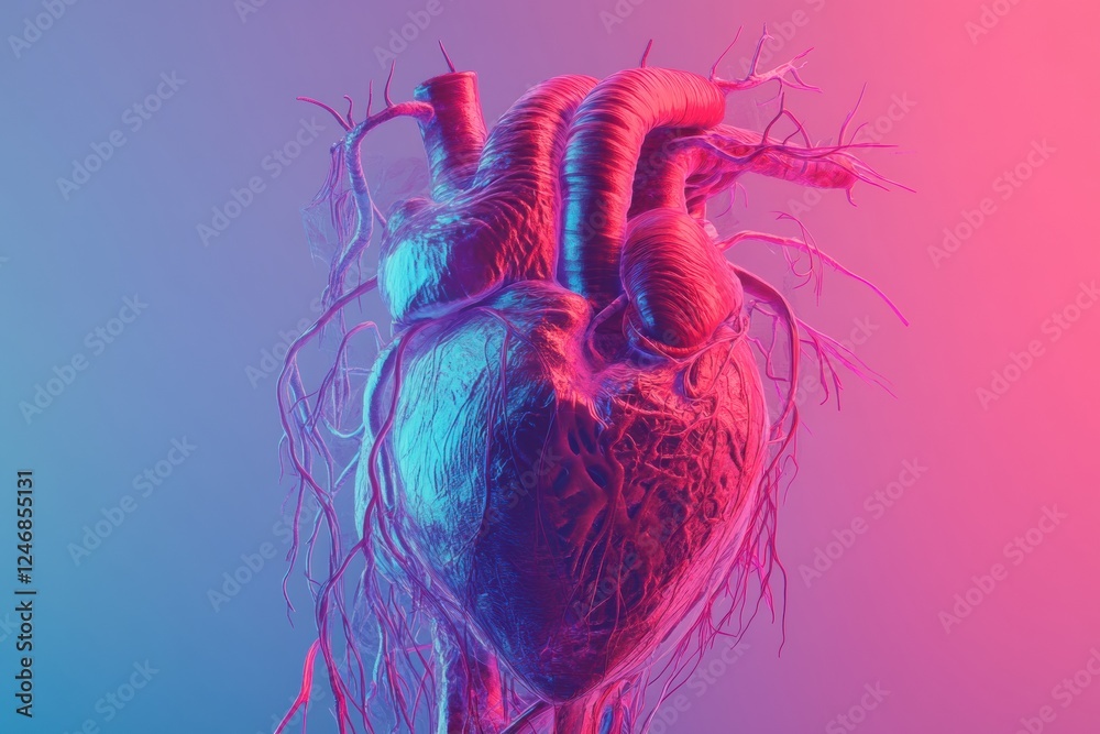 Poster vivid anatomical representation showcasing the complex structure of the circulatory system with hear