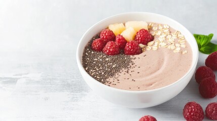 professional shot of smoothie bowls with seeds and fruit toppings arranged in visually appealing way