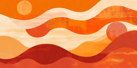 A deep sunset orange background with abstract shapes layered on top in various textures. This rich and layered design evokes feelings of warmth and excitement, ideal for event branding or creative
