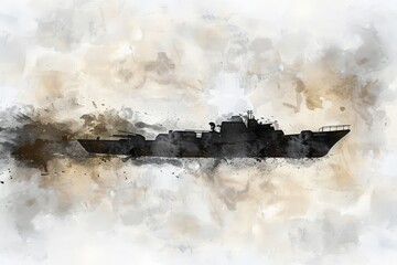 Fototapeta premium A silhouette of a ship emerges from a watercolor backdrop, blending soft browns and grays, evoking a sense of mystery and calm.