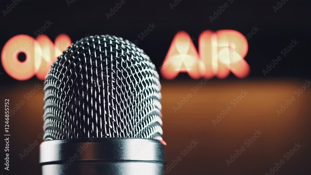 Poster professional microphone capturing high quality audio in slow motion, glowing on air sign illuminatin