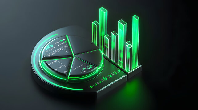 Cute isometric 3D image of 3D pie chart and bar chart in realistic metallic silver illuminated by neon green. add floating, transparent charts and circular measurement tools. ensure perfect shapes an