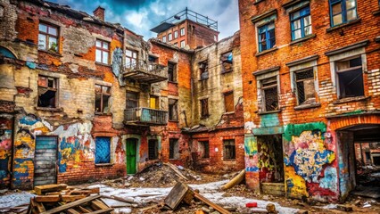Fototapeta premium Graffiti-covered, ruined brick buildings in the Moscow region; a documentary on Russia's neglected urban landscapes.