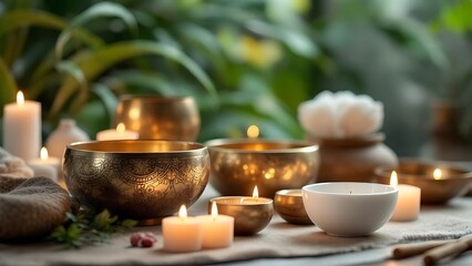 Fototapeta premium Luxurious spa experience with a focus on sound therapy, featuring crystal singing bowls and soft ambient lighting for ultimate relaxation