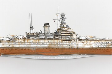 A detailed illustration of a large battleship, showcasing its structure, masts, and deck features against a neutral background.