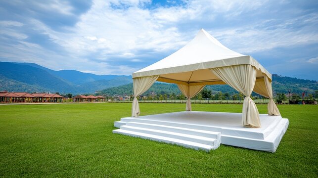 White Canopy Tent on Green Grass Field with Mountain View