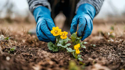 Fototapeta premium Close-up of hands in gloves planting flowers in spring forest