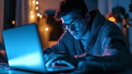 A person wearing glasses and a cozy robe is focused on typing on a laptop in a dimly lit room with warm background lights