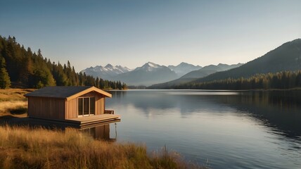 Cabin at mountain lake, wooden house nature retreat, vacation outdoor photo