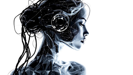 Abstract digital representation of a female figure with a futuristic vibe showcasing technology and creativity on a minimalist white background.