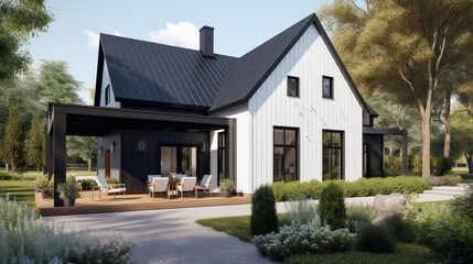 A classic European-style manor with white stone walls, arched windows, and a large circular driveway. 