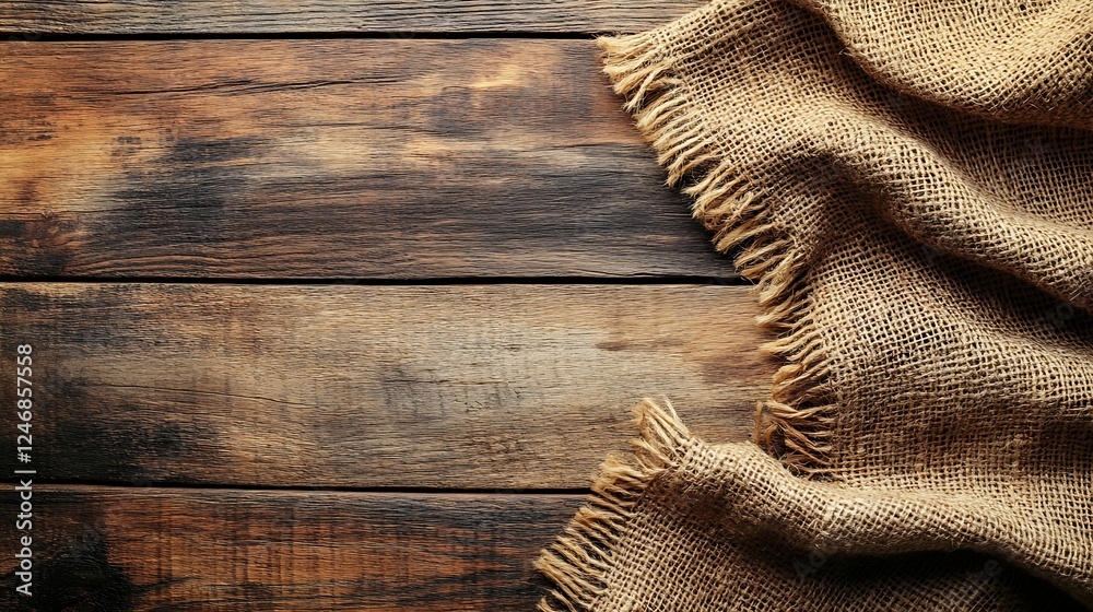 Poster rustic natural burlap fabric on aged wooden surface closeup rustic texture : generative ai