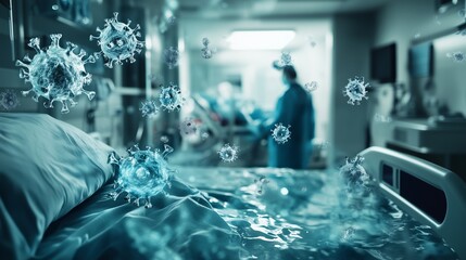 A hospital room with a patient's bed and medical equipment surrounded by floating virus particles creating a sense of urgency