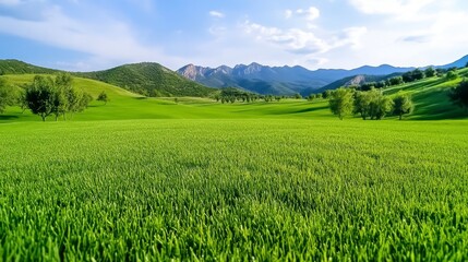 Obraz premium Bright Sunny Day Landscape Lush Green Field and Rolling Hills Under Blue Sky