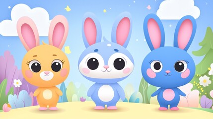 Three adorable cartoon bunnies in a spring meadow.
