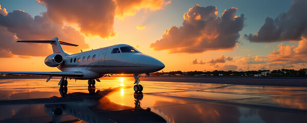 A luxurious private jet parked on the tarmac at sunset, reflecting golden hues from the sky. Private jet concept standing outside.  Long wide banner with copy space.