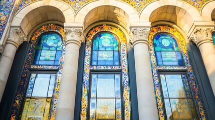Fototapeta premium Colorful stained glass windows reflecting vibrant patterns in historical architecture : Generative AI
