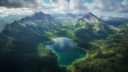 Fototapeta premium Majestic mountain range with lush green valleys and a serene lake surrounded by dense forests under a partly cloudy sky