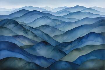 Obraz premium A serene landscape of soft, rolling blue mountains creating a calming atmosphere, blending hues of blue and green.