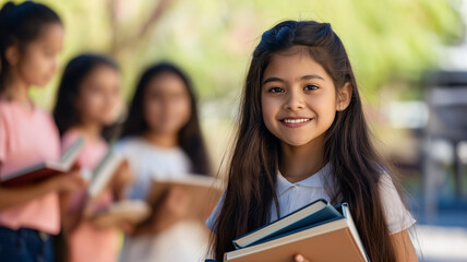 Fototapeta premium group of young female students smiling and holding books outdoors, showcasing friendship and learning. scene captures joyful moment of education and camaraderie