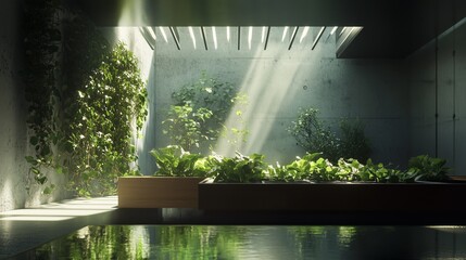Serene indoor garden with lush green plants thriving under natural light streaming through a skylight