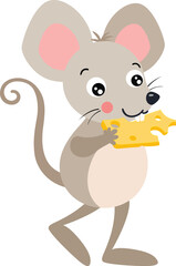 Cute mouse eating cheese isolated on white