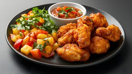Fototapeta premium Crispy curried chicken wings with potatoes. Plate of crispy, golden curried chicken wings served with roasted potatoes, fresh herbs and spicy dipping sauce. Comfort food background