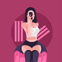 woman sitting on a red sofa, taking a selfie using a smartphone, flat design