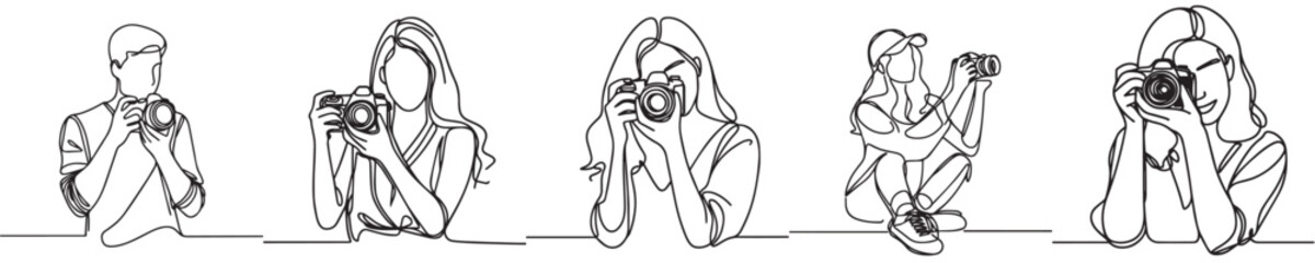 set vector continuous line of a person taking a picture