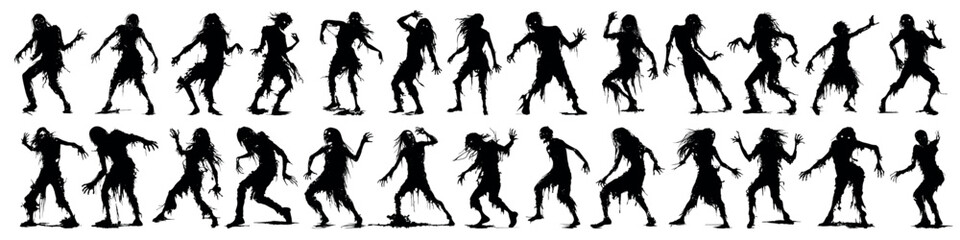 Zombie silhouette vector set. Living dead in motion. Crowd of resurrected undead werewolves. Devils from the underworld