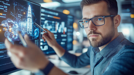 male engineer wearing glasses is focused on digital display of rocket design, analyzing data and making notes. environment is modern and tech oriented, reflecting innovation and precision