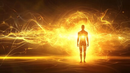 A figure radiates energy in a golden glow.