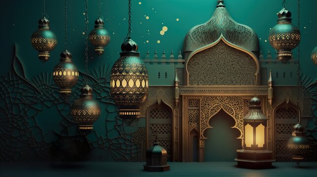 A stunningly realistic render of an Eid Al-Adha design on white background "Islamic-themed artwork, intricate patterns of stars and lanterns, 