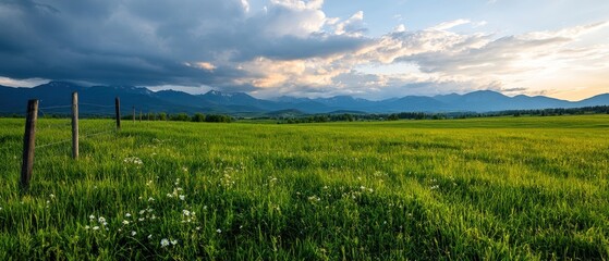 Fototapeta premium Field of green grass with wooden fence in the foreground under a clear blue sky