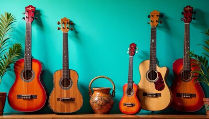 Naklejka premium Traditional Hispanic folk art musical instrument display on turquoise background, folk art, maracas, celebration