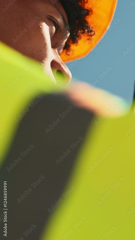 Poster engineer, communication and man with radio, sky and conversation for project on site and outdoor. lo