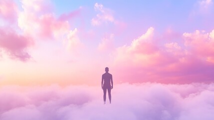 Obraz premium A figure stands alone among soft pastel clouds.