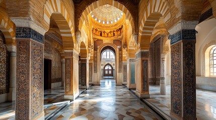 Exquisite Mediterranean Palace Interior Design with Rich Mosaics and Ornate Arabic Architecture : Generative AI