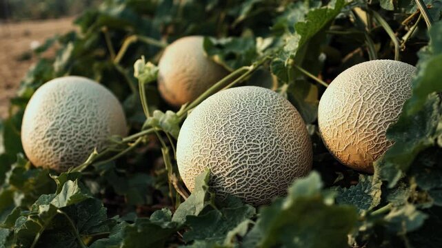 Close-up view of four cantaloupe melons growing on a vine surrounded by lush green leaves.  The melons are a light beige color with a textured skin. The leaves are vibrant green and offer a