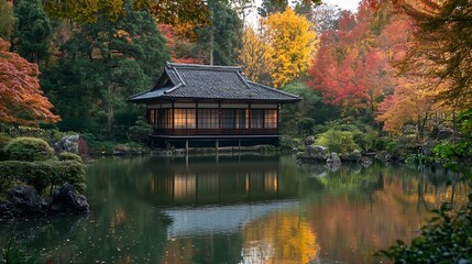 Picturesque Traditional Japanese House by Lake in Autumn Japanese Architecture : Generative AI
